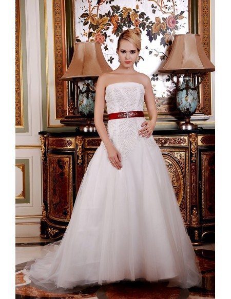 A-Line Strapless Chapel Train Organza Wedding Dress With Beading Bow