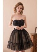 Black Short Tulle Prom Dress Strapless With Lace Trim