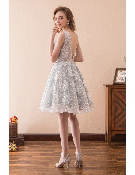 Short A Line All Lace Prom Dress With Double V Neck For Juniors