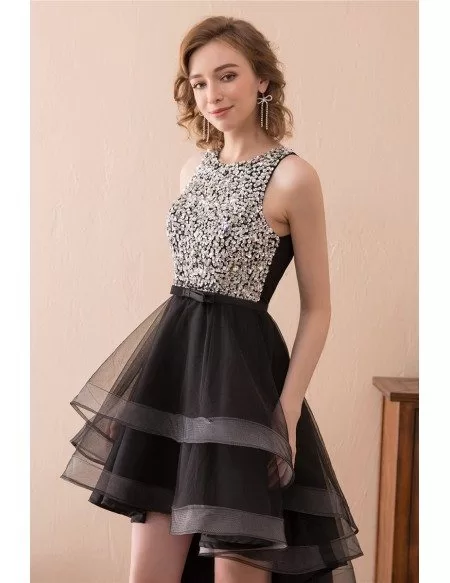 2018 High Low Black Prom Dress With Sparkly Bodice For Teens