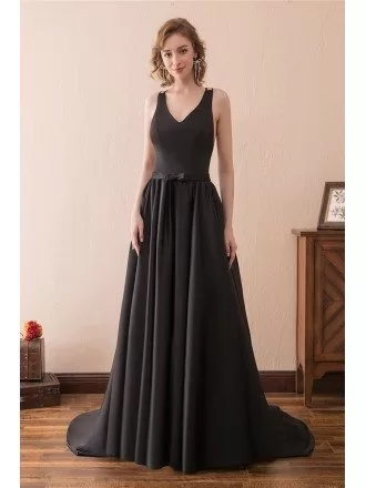 Open Back Simple Black Satin Long Evening Dress With Train