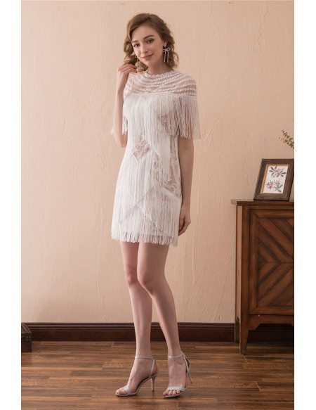 Sexy Crossed Tiered Tassel Prom Dress White Short With Sleeves