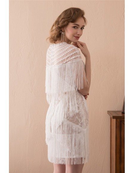 Sexy Crossed Tiered Tassel Prom Dress White Short With Sleeves