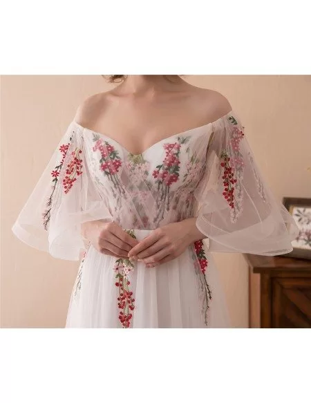 Fairy Tale Off The Shoulder Puffy Prom Dress With Color Embroidery