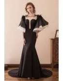 Unique Black Long Trumpet Formal Dress With Puffy Sleeves Train