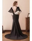 Unique Black Long Trumpet Formal Dress With Puffy Sleeves Train