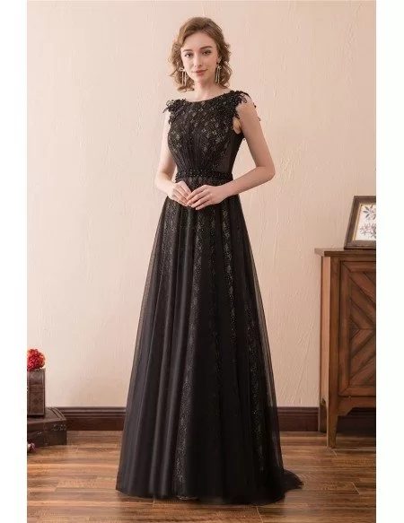 A Line Tulle Lace Black Evening Dress Long With Beading