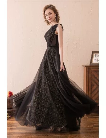 A Line Tulle Lace Black Evening Dress Long With Beading