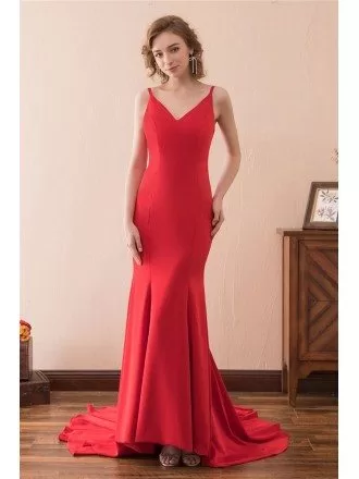 Simple Long Red Trumpet Semi Formal Dress Fitted With Train