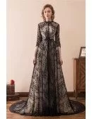 Modest All Lace Black Evening Dress Long With Sleeves Train