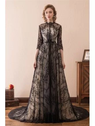 Modest All Lace Black Evening Dress Long With Sleeves Train