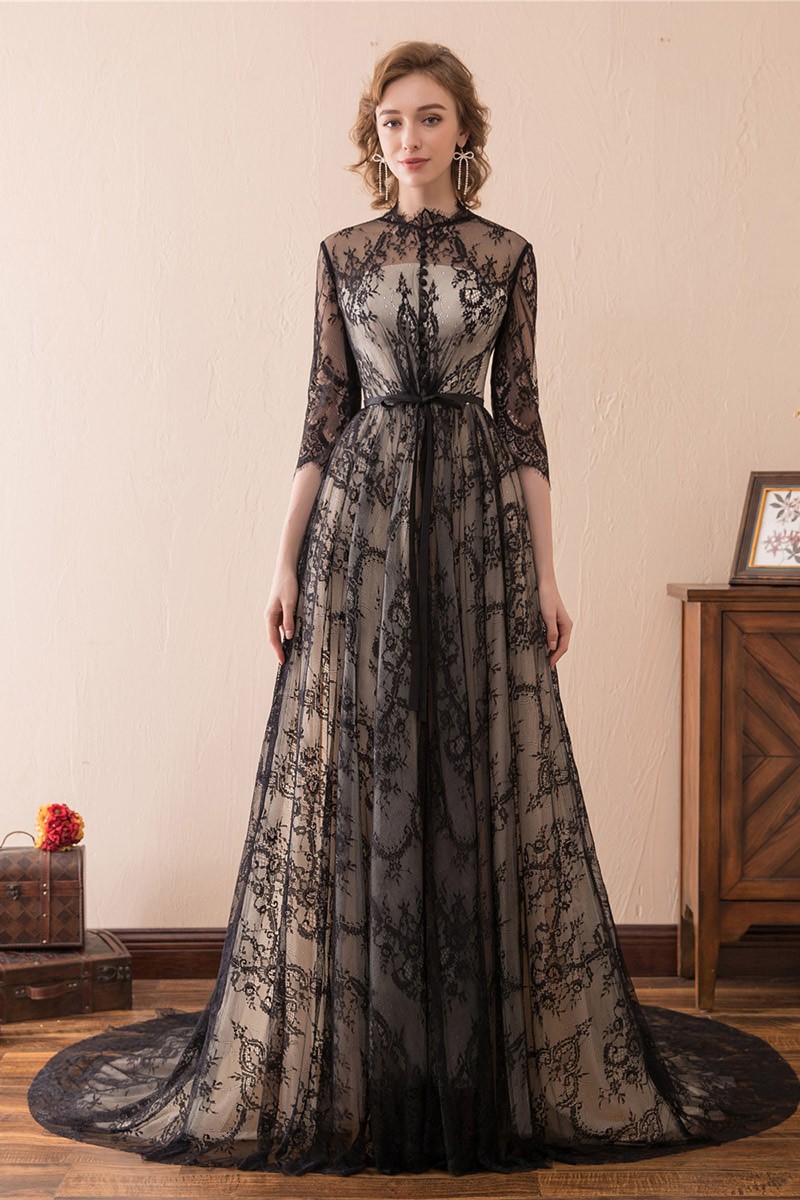 modest black lace dress Modest Evening Dress - Lace Detail Black Modest Evening Dress 9279S