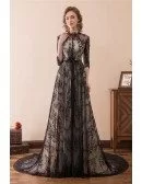 Modest All Lace Black Evening Dress Long With Sleeves Train