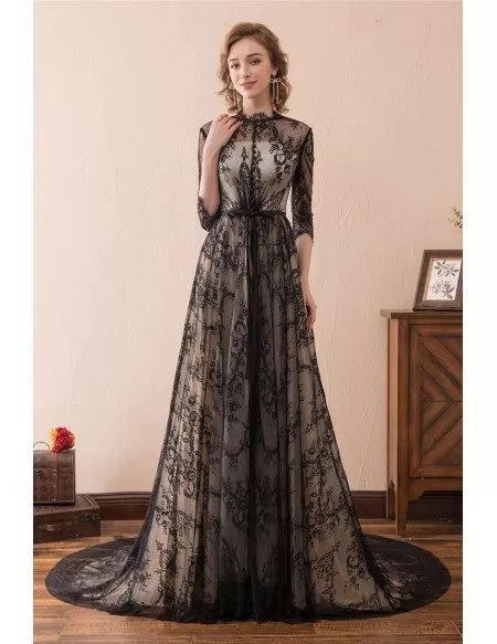 Modest All Lace Black Evening Dress Long With Sleeves Train