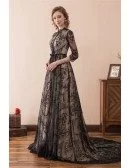 Modest All Lace Black Evening Dress Long With Sleeves Train