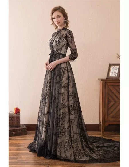 Modest All Lace Black Evening Dress Long With Sleeves Train