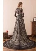Modest All Lace Black Evening Dress Long With Sleeves Train