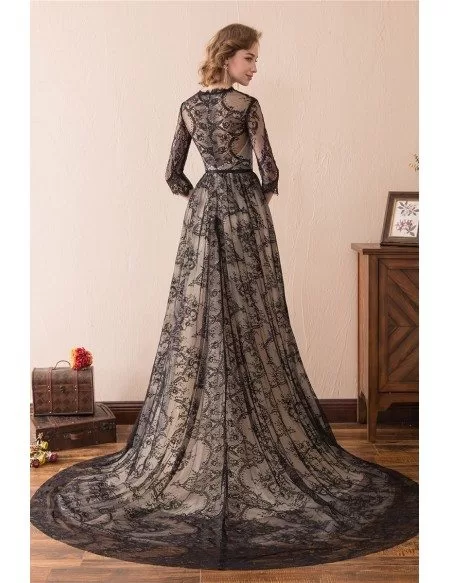 Modest All Lace Black Evening Dress Long With Sleeves Train