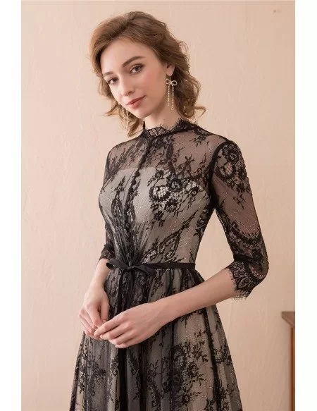 Modest All Lace Black Evening Dress Long With Sleeves Train