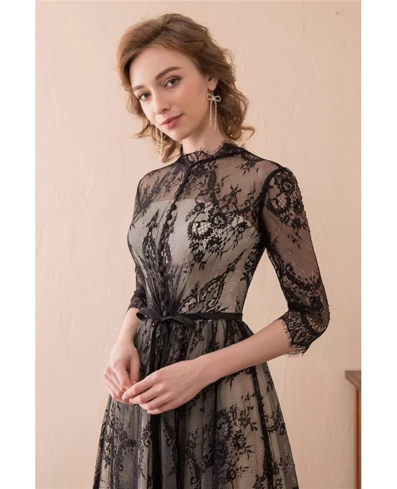 Modest All Lace Black Evening Dress Long With Sleeves Train Ch6678 3050