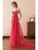 Sparkly Sequined Red Prom Dress Long With Lace Beading Train