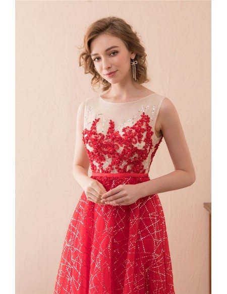 Sparkly Sequined Red Prom Dress Long With Lace Beading Train