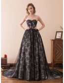 Strapless All Lace Black Formal Dress Long With Train For Woman