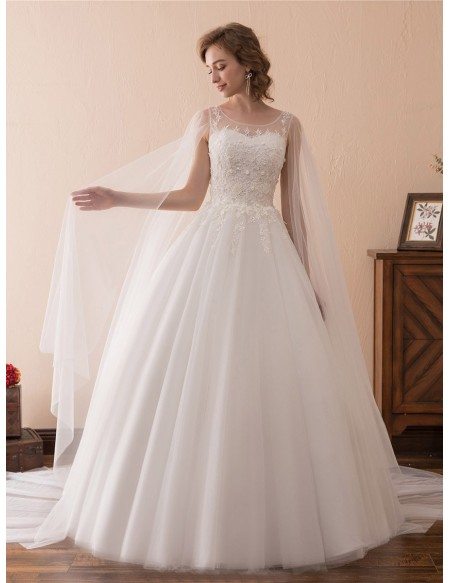 Simple Tulle Lace Ballroom Wedding Gowns With Cape Train
