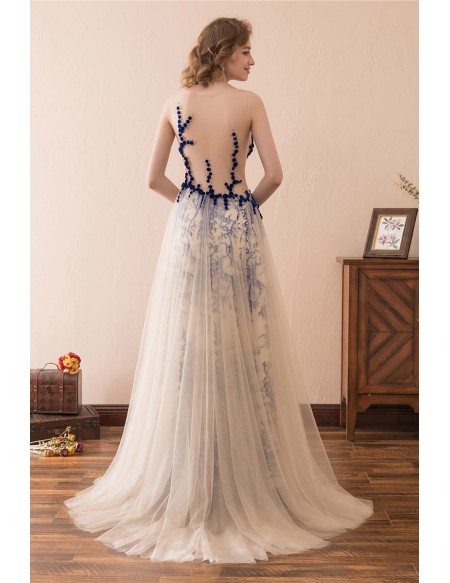 Unique Tulle Lace Prom Dress Long With Crystal Buttons