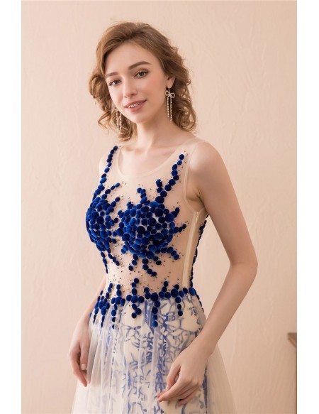 Unique Tulle Lace Prom Dress Long With Crystal Buttons