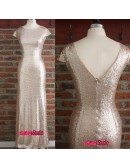 Gorgeous Sheath Long Gold Sequin Formal Bridesmaid Dresses With Sleeves Open Back