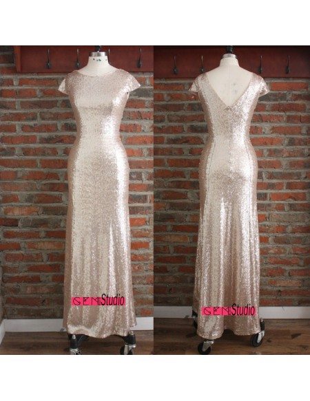 Gorgeous Sheath Long Gold Sequin Formal Bridesmaid Dresses With Sleeves Open Back