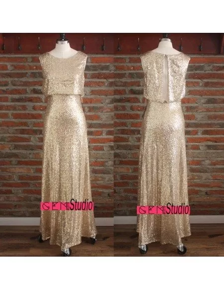 Classy Sparkly Rose Gold Sequin Bridesmaid Dresses Long Sleeveless With Round Neck