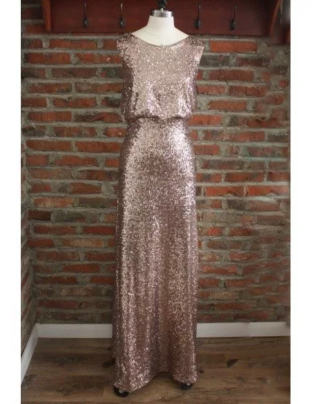 Classy Sparkly Rose Gold Sequin Bridesmaid Dresses Long Sleeveless With Round Neck