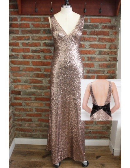 Unique Rose Gold Long Metallic Sequin Bridesmaid Dresses Backless Open ...
