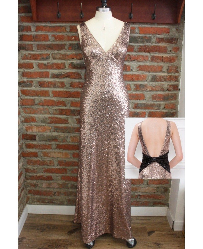 dannifore Top Sequins Rose Gold Bridesmaid Dress Long Prom Party Dresses Chiffon