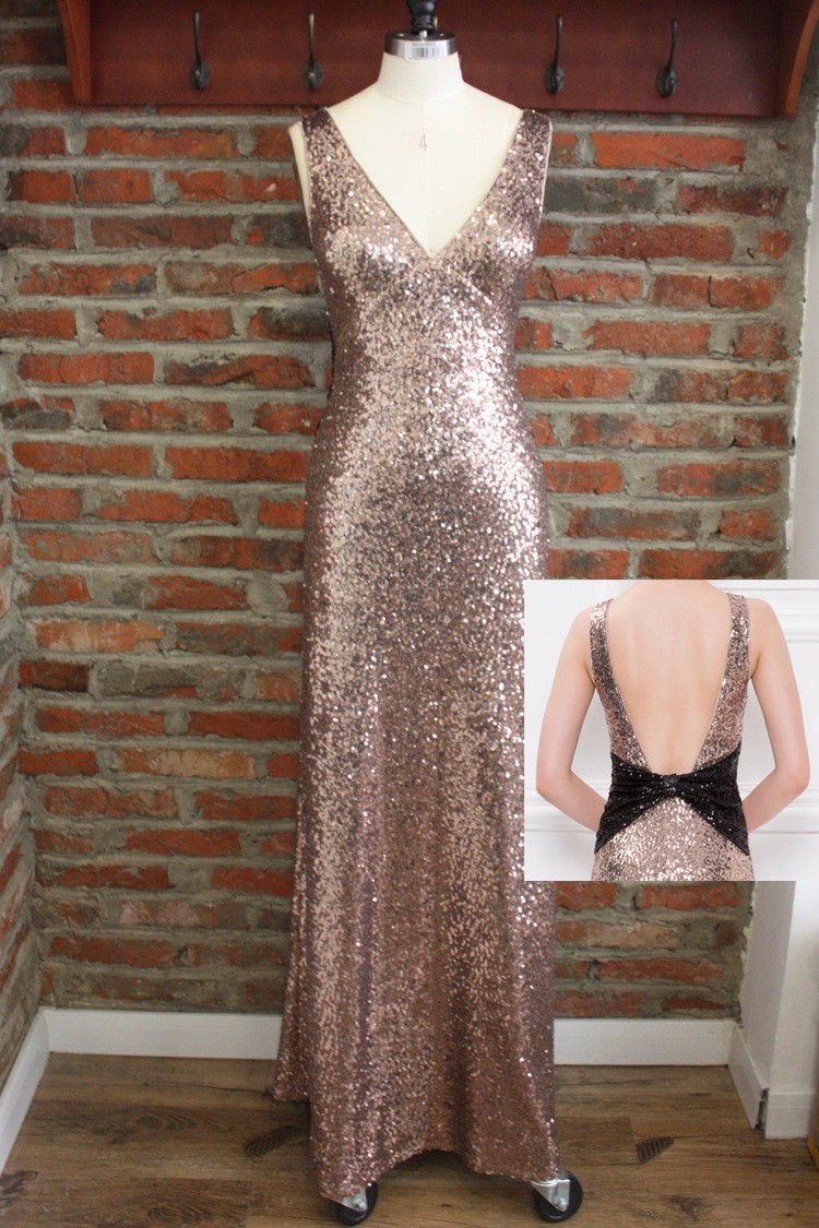 Unique Rose Gold Long Metallic Sequin Bridesmaid Dresses Backless Open Back  For Formal #S7CK406 - GemGrace.com