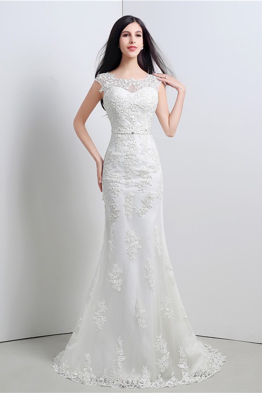 Mermaid Scoop Cap Sleeves Floor-length Wedding Dress #C26119 $139 ...