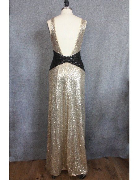 Sexy Backless Sparkly Gold Prom Dresses Long Formal Dress With V-neck ...