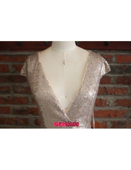 Gorgeous Sparkly Gold Long Formal Evening Dress Cap Sleeves With Sexy V-neck