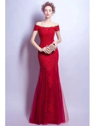 Off Shoulder Sleeved Red Bridal Party Dress With Beaded Lace