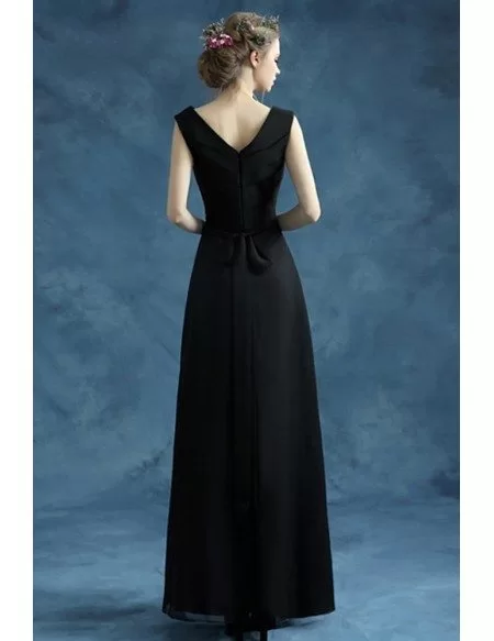Simple Black Long Evening Dress With Pleated V Neck