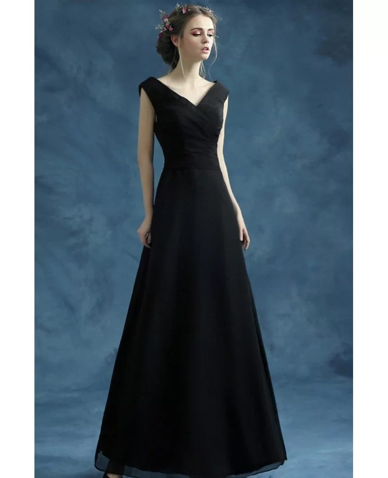 Simple V Neck Black Long Prom Dresses with Side Slit, Black Formal Eve –  abcprom