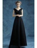 Simple Black Long Evening Dress With Pleated V Neck