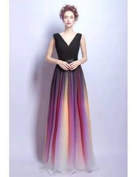 Ombre Iridescent Long Prom Dress With Pleated Black Top
