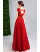 Modest Tulle Burgundy Prom Dress Long With Lace Beading Top