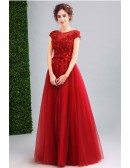 Modest Tulle Burgundy Prom Dress Long With Lace Beading Top