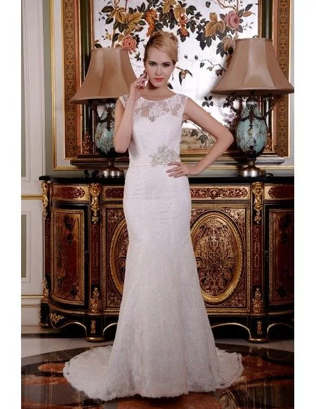 Mermaid Scoop Neck Sweep Train Lace Wedding Dress With Beading