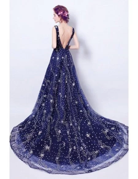 Sparkly Dark Blue Long Formal Dress With Stars Train