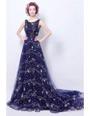 Sparkly Dark Blue Long Formal Dress With Stars Train